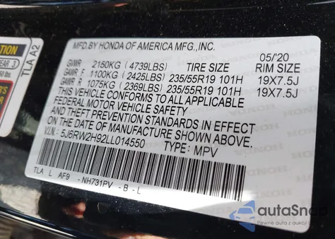 2020 Honda Cr-V Awd Touring из США, поврежденный, VIN 5J6RW2H92LL014550